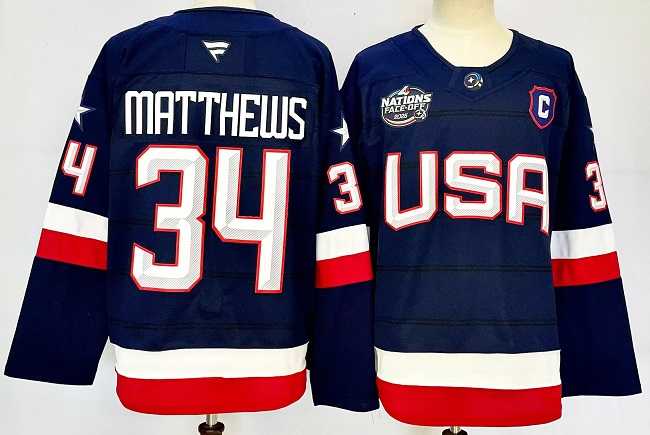 Men%27s USA #34 Auston Matthews Navy 2025 4 Nations Stitched Jersey